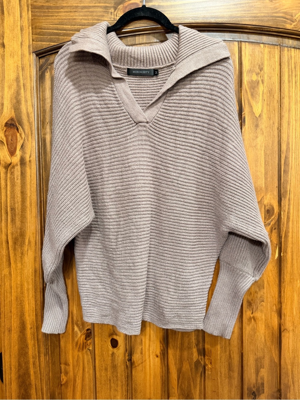 MICROCITY Taupe Ribbed V-Neck Knit Sweater